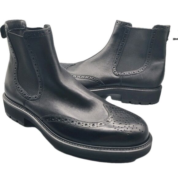 ECCO Metropole Oslo Mens black Leather Chelsea Boots wingtip brogue 13-13.5 NEW - Picture 1 of 12